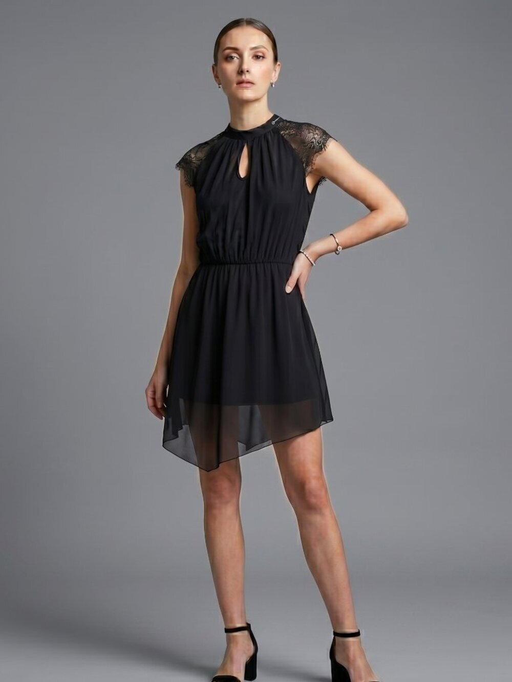 NWT | Elegant Black Lace Sleeve Keyhole Lyrical Dance Dress Cocktail | Medium